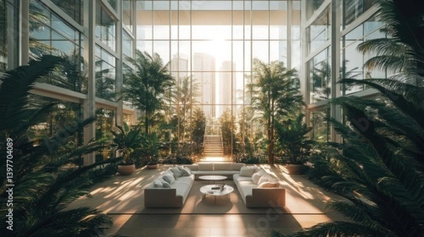 Obraz Modern tropical atrium lounge, sunlight through glass walls