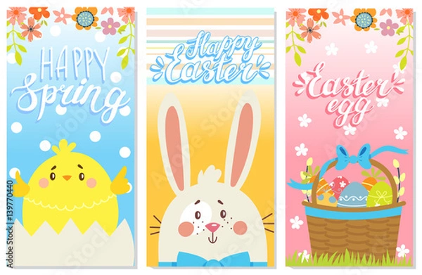 Fototapeta Happy Easter.  Set of Happy Easter greeting cards. Rabbit,chicken and eggs. Vector illustration