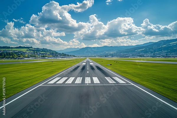 Obraz Aerial View of Airport Runway with White Markings and Scenic Mountain Landscape Under Cloudy Blue Sky