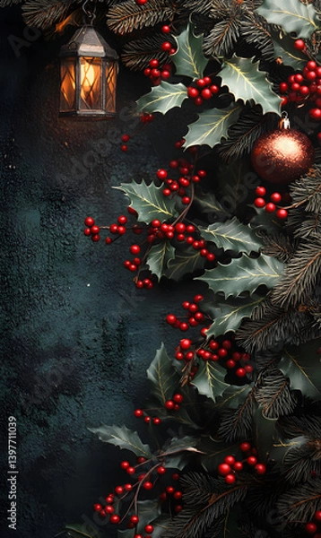 Obraz Festive Christmas Holly Wreath with Red Berries and Glowing Lantern on Rustic Dark Wall for Holiday Decor