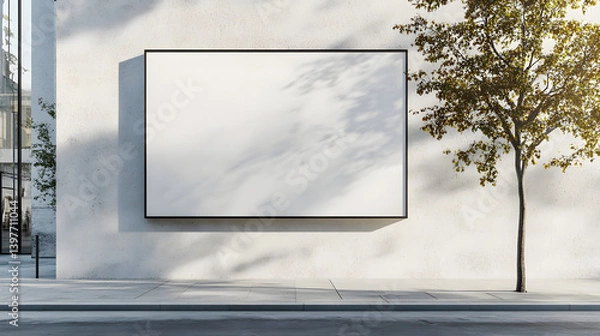 Fototapeta Minimalist Urban White Wall with Blank Billboard and Tree Shadows in Modern Cityscape for Advertising Mockups
