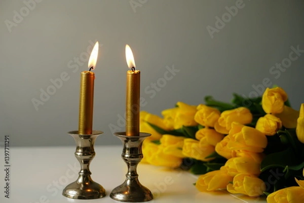 Obraz Stylish Shabbat setup with glowing candles and fresh yellow tulips. A warm and elegant image symbolizing Jewish tradition, peace, and family togetherness. Perfect for holiday, spirituality
