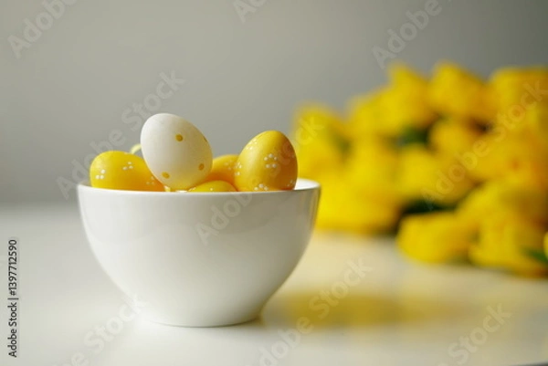 Fototapeta Bright Easter composition with yellow and white eggs in a white ceramic bowl next to fresh yellow tulips on a white table. Minimalist holiday still life, perfect for spring-themed content. 