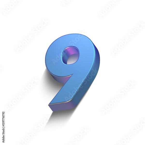 Obraz set of 3d metallic blue extruded numbers, 3d illustration, nine