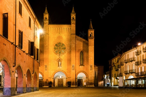 Obraz Piazza Risorgimento, main square of Alba (Piedmont, Italy) at night, with the facade of Saint Lawrence Cathedral