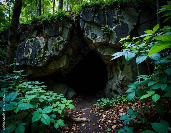 Fototapeta A serene forest scene featuring a natural cave entrance surrounded by greenery and mosscovered rocks, inviting exploration through a winding path