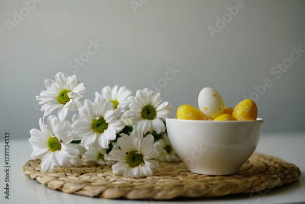 Obraz  Bright and cheerful Easter-themed still life with a white ceramic bowl of yellow and white decorative eggs and fresh white daisies on a woven placemat. 