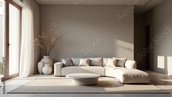 Fototapeta Elegant and spacious european living room designed with quiet luxury elements featuring soft textures and stylish decor for a cozy and inviting atmosphere