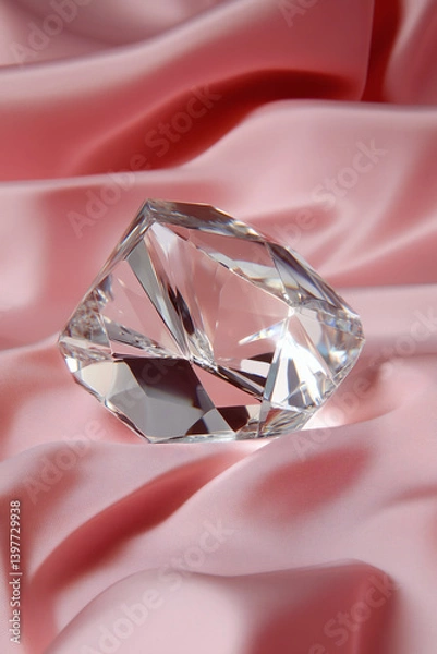 Obraz A large, clear, multifaceted crystal sits upon a background of soft pink, luxurious satin fabric.