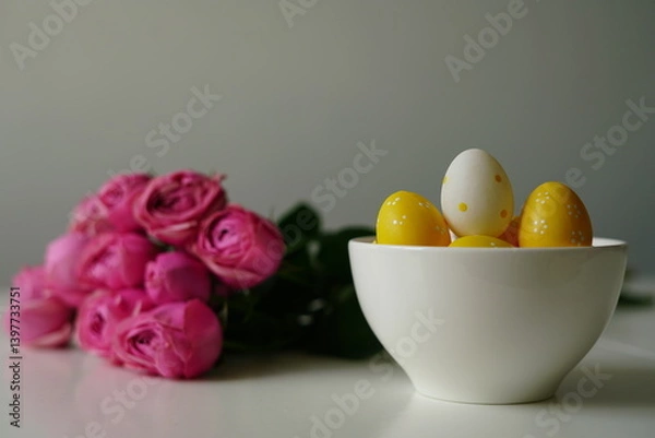 Fototapeta Minimalist spring composition with yellow polka dot Easter eggs in a white ceramic bowl next to a bouquet of pink roses. Clean background and soft light make this image perfect for Easter 