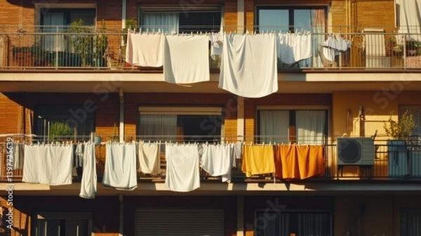 Fototapeta Balconies adorned with colorful laundry create vibrant urban atm
