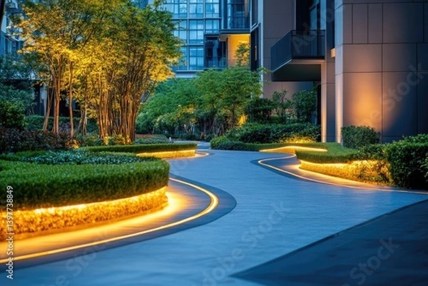 Fototapeta Lush greenery and elegant lighting create tranquil pathway in ur