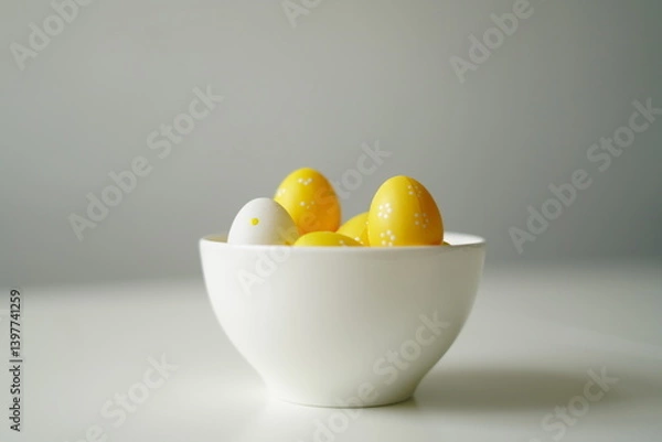 Obraz Minimal Easter composition with yellow and white eggs in a glossy ceramic bowl on a white surface. Bright and clean image perfect for spring holidays, decoration, and seasonal design.