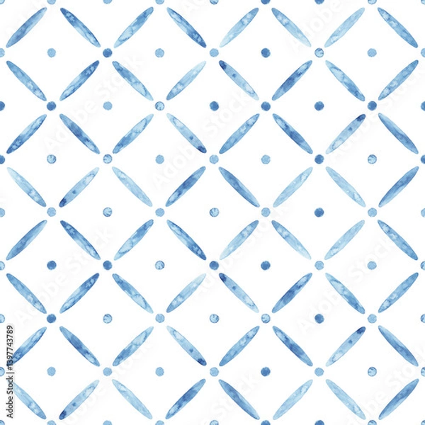Fototapeta Seamless watercolor pattern. Blue geometric elements on a white background. Geometric ornament, bohemian cute print. Handmade.