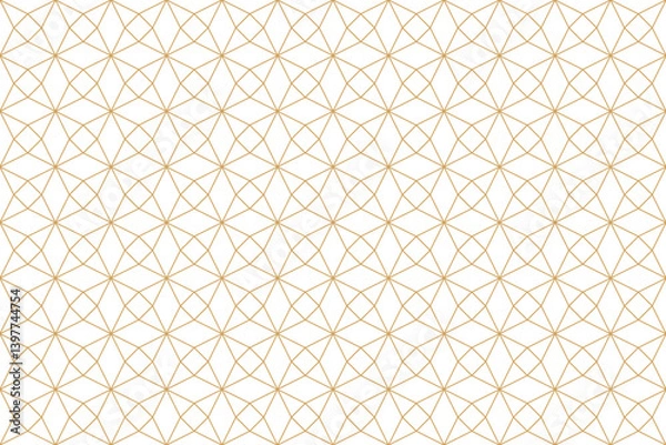 Fototapeta Golden geometric seamless pattern on white background. Intersecting circles, squares, and lines create star like design with a retro and ornate feel.