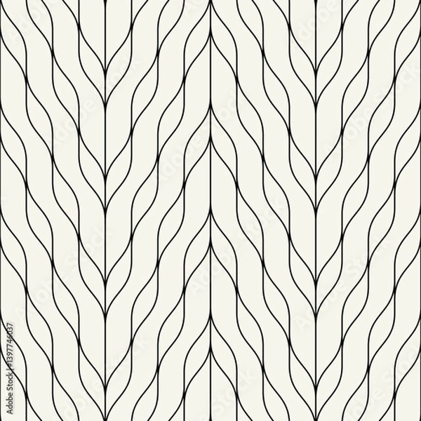 Fototapeta Vector seamless patterns set. Stylish modern geometric ornament. Geometric striped backgrounds with curved zigzag. Art deco bold monochrome swatches. Tileable prints with linear weaving arches.