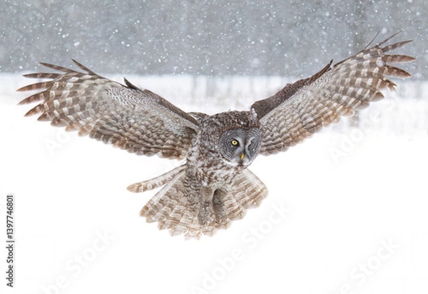 Fototapeta Great grey owl with wings spread out prepares to pounce on prey as the snow falls in Ottawa, Canada
