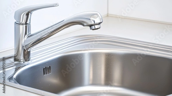 Fototapeta Close-up of a spotless kitchen sink and sparkling chrome faucet, white countertop, subtle water droplets, bright natural light, modern clean aesthetic, no people