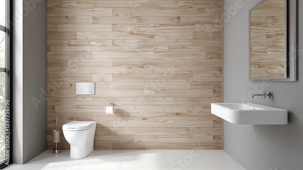 Obraz This modern bathroom showcases a wall clad in light toned wooden lamellas, providing visual interest and a touch of organic texture