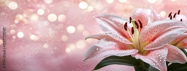 Obraz Captivating close-up of pink lilies showcasing delicate petals and vibrant stamens, glistening with dew on a soft pink backdrop