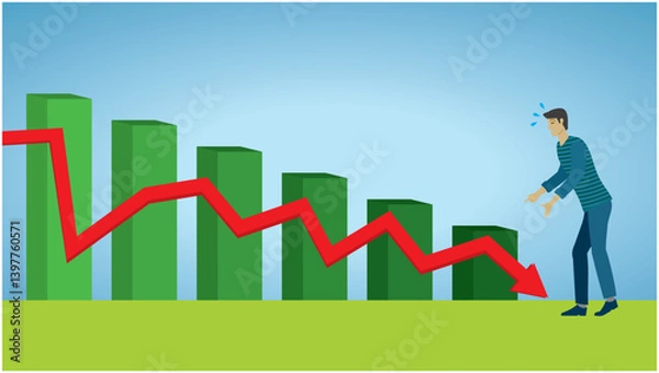 Obraz Man in hopelessness when value is going down. Economic crash. Dimension 16:9. Vector illustration.