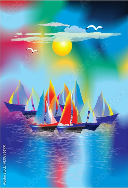 Fototapeta composition with sailboats that have colorful sails

