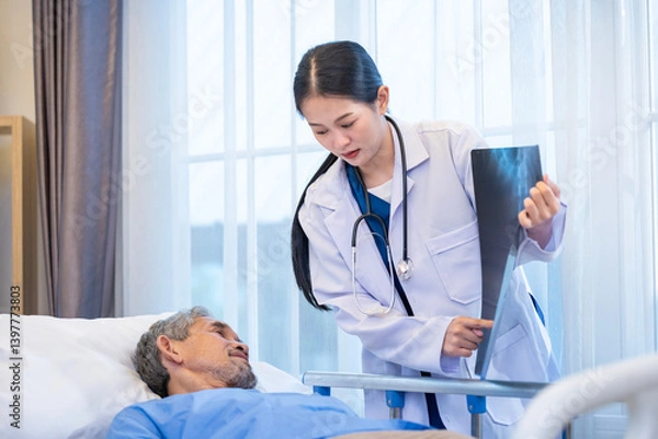Obraz Asian doctor is explaining the x-ray film to senior patient who suffering from lung cancer in the hospital wing for long term smoking disease and care plan surgery program
