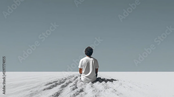 Fototapeta A solitary figure sits on a vast expanse of white sand, gazing into the distance under a clear sky, evoking a sense of peace and introspection.