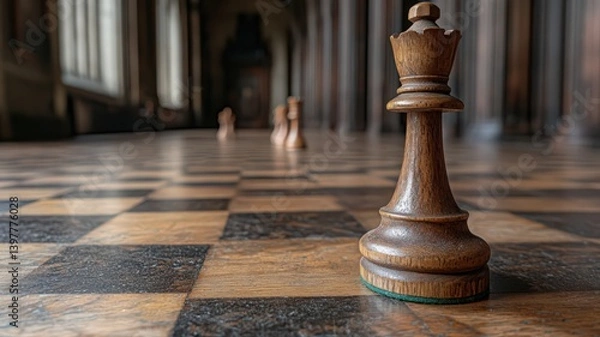 Fototapeta Wooden Queen Chess Piece Dominates Checkerboard Floor in Warm Light with Blurred Chess Pieces and Arched Doorway Backdrop