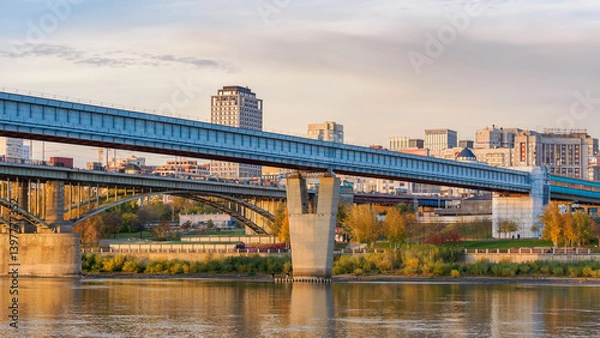 Obraz Close-up of the metro bridge in Novosibirsk at sunset.
