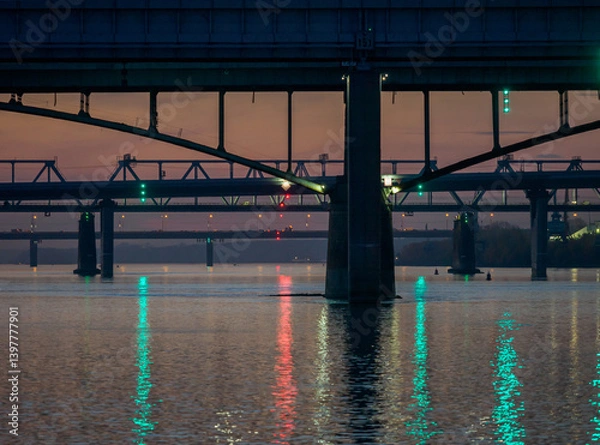Obraz Night view of the bridges across the Ob River in Novosibirsk.