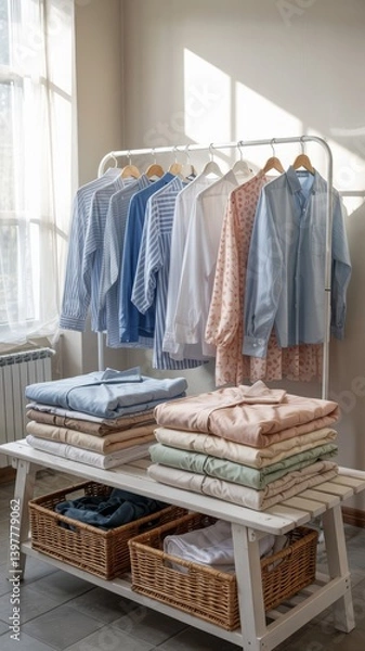 Obraz Clean, pressed, and color-coordinated clothes in a high-end dry cleaning interior near a rustic window