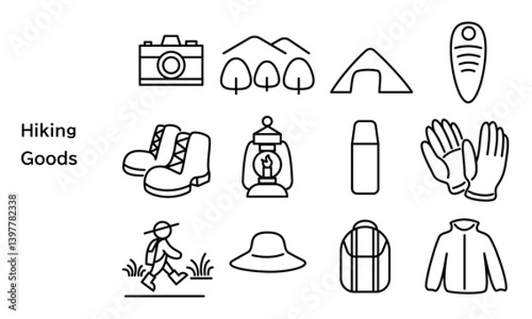 Fototapeta ハイキングの道具のシンプルなアイコンセット
