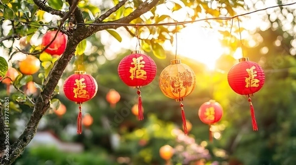 Obraz Red and gold chinese lanterns hanging from a tree.