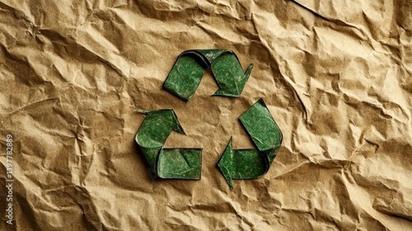 Fototapeta Recycled brown paper background with creases and a green recycling emblem, highlighting ecology and environmental awareness. --