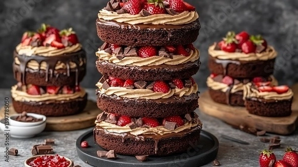 Obraz A decadent stack of chocolate cake layers, adorned with fresh strawberries and chocolate chips.