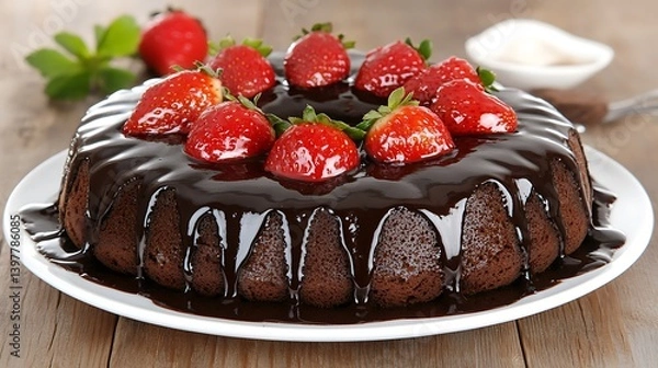 Obraz A decadent chocolate bundt cake adorned with fresh strawberries.