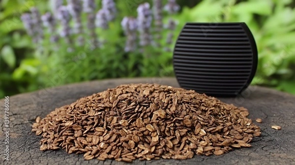 Obraz A pile of dark brown, crunchy granola on a rustic wooden surface.