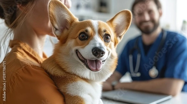 Fototapeta Corgi charm! A woman in orange cuddles her adorable, tongue-out pup. A blurred background hints at a relaxed, outdoor setting