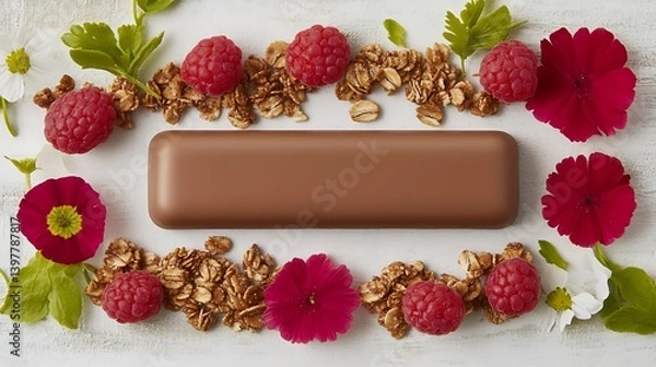 Obraz Chocolate granola bar with raspberries and flowers.