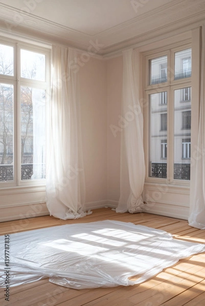 Obraz Sunlit room with hardwood floor and light curtains, a white sheet reflecting bright light in the corner.