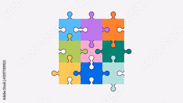 Fototapeta Puzzle pieces set isolated. Vector illustration. Jigsaw puzzle game. Nine fragments are connected. Problem solution, working in a team concept. Infographic template. Bright colors.