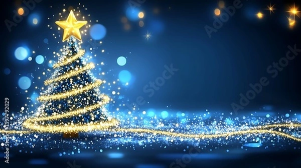 Obraz A dazzling blue christmas tree with golden lights and sparkles.