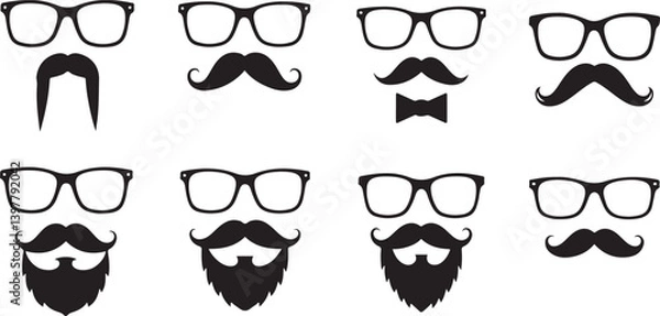 Fototapeta Glasses and mustache vector set. Simple glasses and mustache shape illustration, editable elements, can be used in logo design
