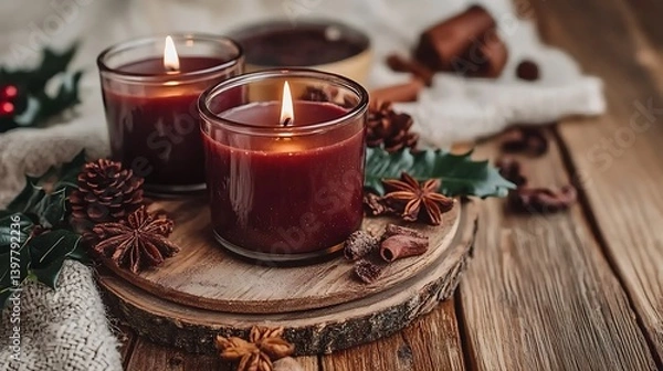 Obraz Two warm, inviting burgundy candles surrounded by festive winter spices and greenery.