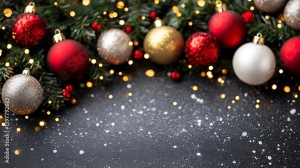 Obraz Festive Christmas ornaments and lights on a dark surface.