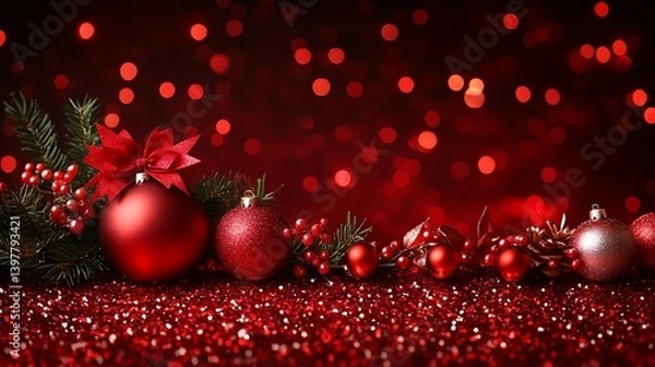 Obraz Festive christmas ornaments in red and silver on a red glitter background.