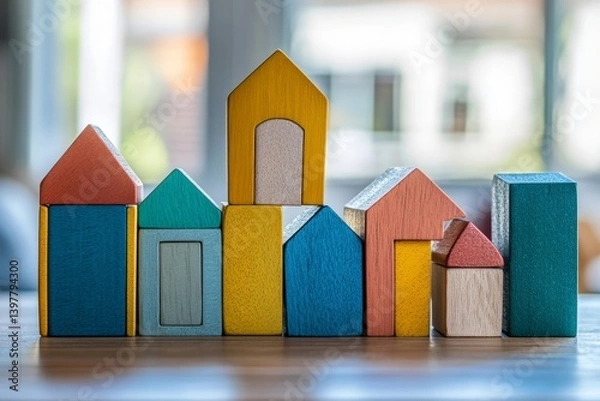 Fototapeta Colorful wooden blocks forming house shapes on a table   a creative real estate concept