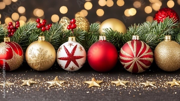 Obraz Festive christmas ornaments adorned with festive colors and patterns.