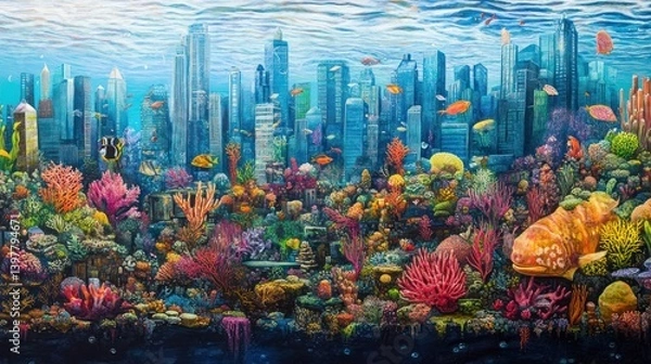 Fototapeta Surreal underwater cityscape with vibrant coral reefs and marine life thriving